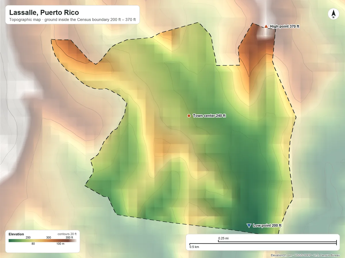 Topographic elevation map of Lassalle, Puerto Rico, shaded from 200 ft on the southeast side to 370 ft at the foot of the Cordillera Jaicoa