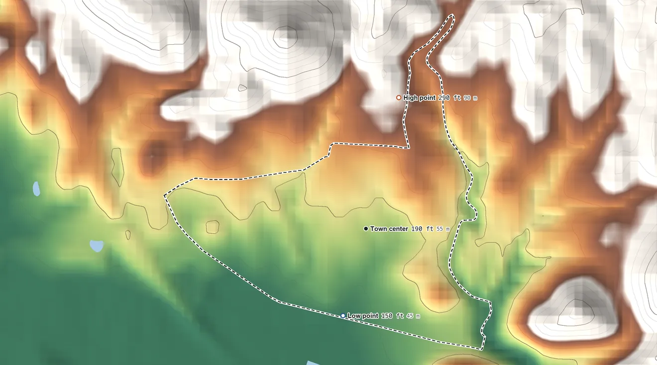 Topographic elevation map of Liborio Negrón Torres, Puerto Rico, shaded from 150 ft on the south side to 290 ft at the foot of the Montes de Barina