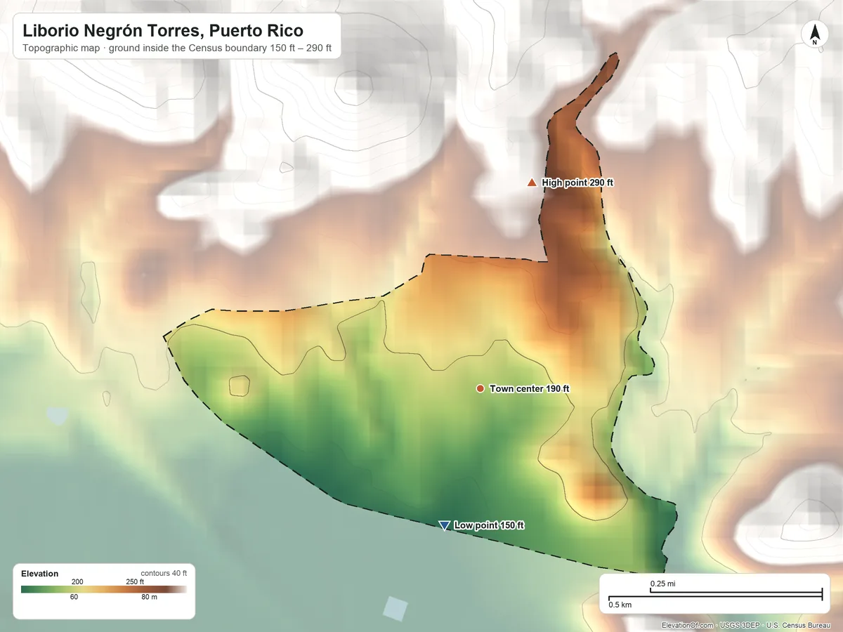 Topographic elevation map of Liborio Negrón Torres, Puerto Rico, shaded from 150 ft on the south side to 290 ft at the foot of the Montes de Barina