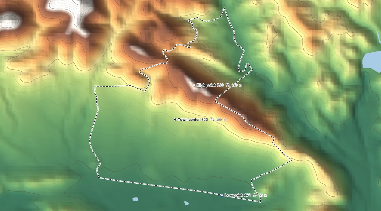 Topographic elevation map of Lluveras, Puerto Rico, shaded from 170 ft on the southeast side to 790 ft on the northeast side