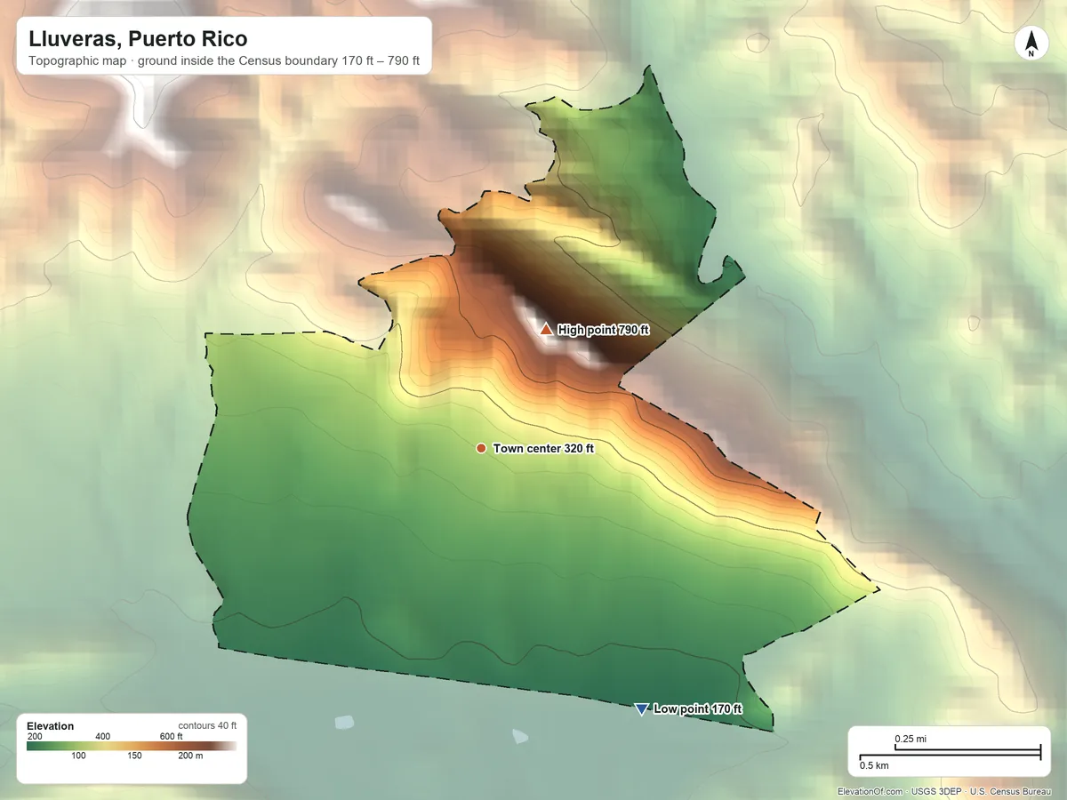 Topographic elevation map of Lluveras, Puerto Rico, shaded from 170 ft on the southeast side to 790 ft on the northeast side