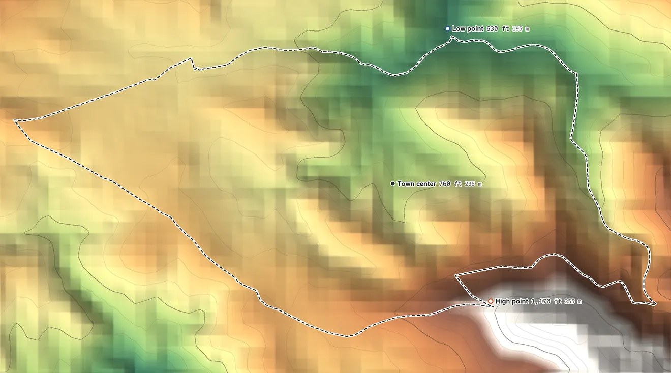 Topographic elevation map of Lomas, Puerto Rico, shaded from 630 ft on the north side to 1,170 ft at the foot of the Sierra de Luquillo