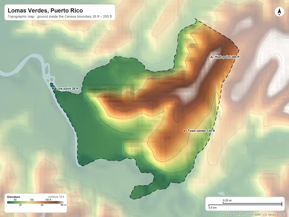 Topographic elevation map of Lomas Verdes, Puerto Rico, shaded from 26 ft on the west side to 200 ft at the foot of the Cordillera Jaicoa