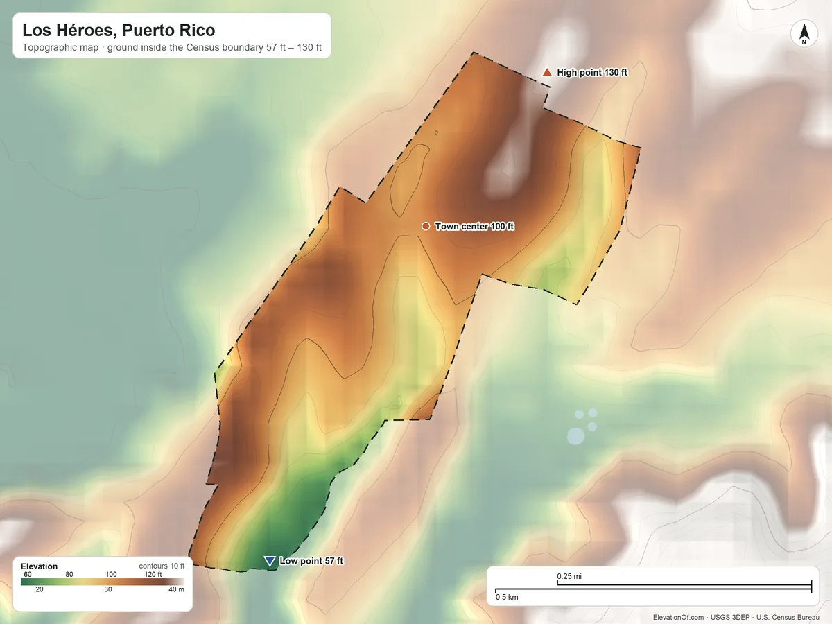 Topographic elevation map of Los Héroes, Puerto Rico, shaded from 57 ft on the southwest side to 130 ft at the foot of the Cordillera Jaicoa