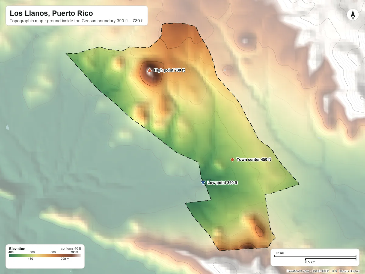 Topographic elevation map of Los Llanos, Puerto Rico, shaded from 390 ft on the southwest side to 730 ft at the foot of the Cerros de Santini