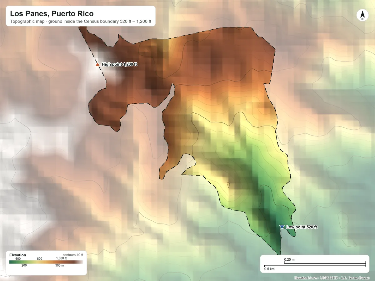 Topographic elevation map of Los Panes, Puerto Rico, shaded from 520 ft on the southeast side to 1,200 ft at the foot of the Altos de la Mesa