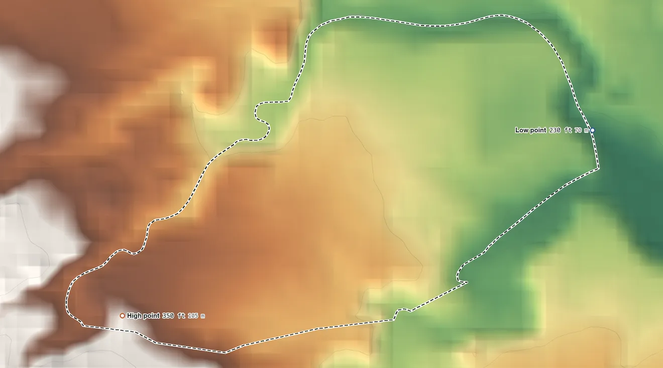 Topographic elevation map of Los Prados, Puerto Rico, shaded from 230 ft on the east side to 350 ft at the foot of the Altos de la Mesa