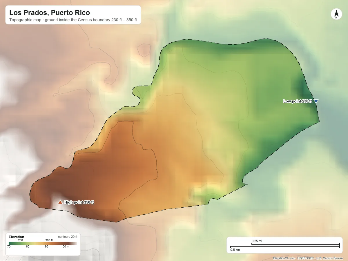 Topographic elevation map of Los Prados, Puerto Rico, shaded from 230 ft on the east side to 350 ft at the foot of the Altos de la Mesa