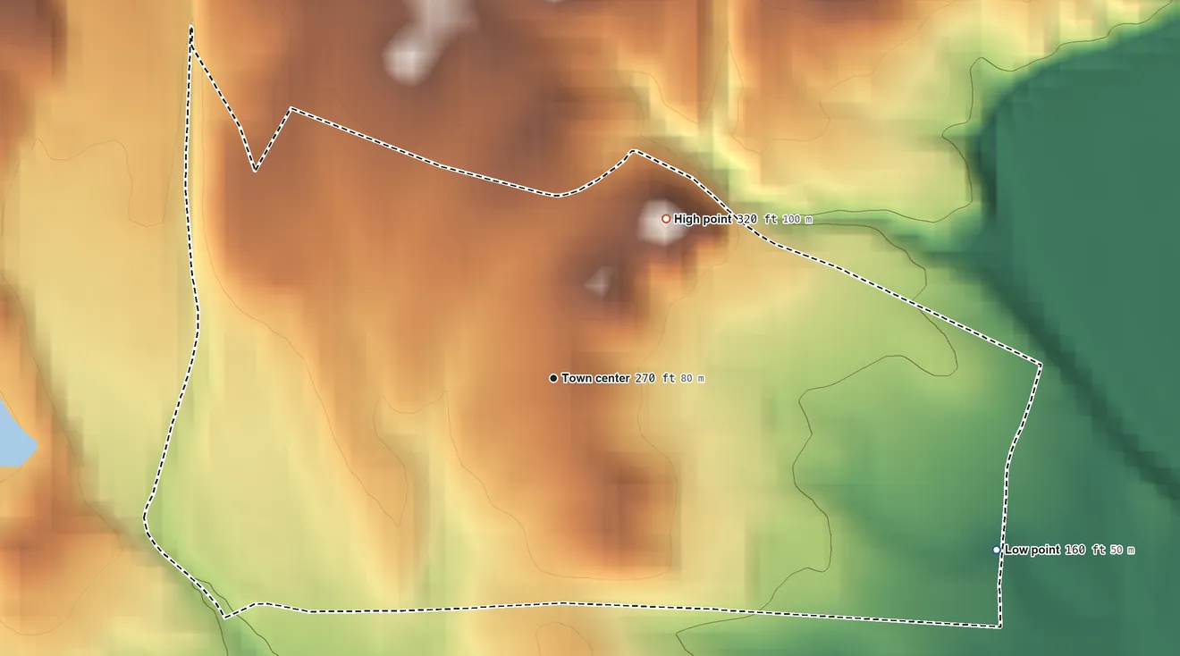 Topographic elevation map of Luis Lloréns Torres, Puerto Rico, shaded from 160 ft on the east side to 320 ft at the foot of the Cordillera Central