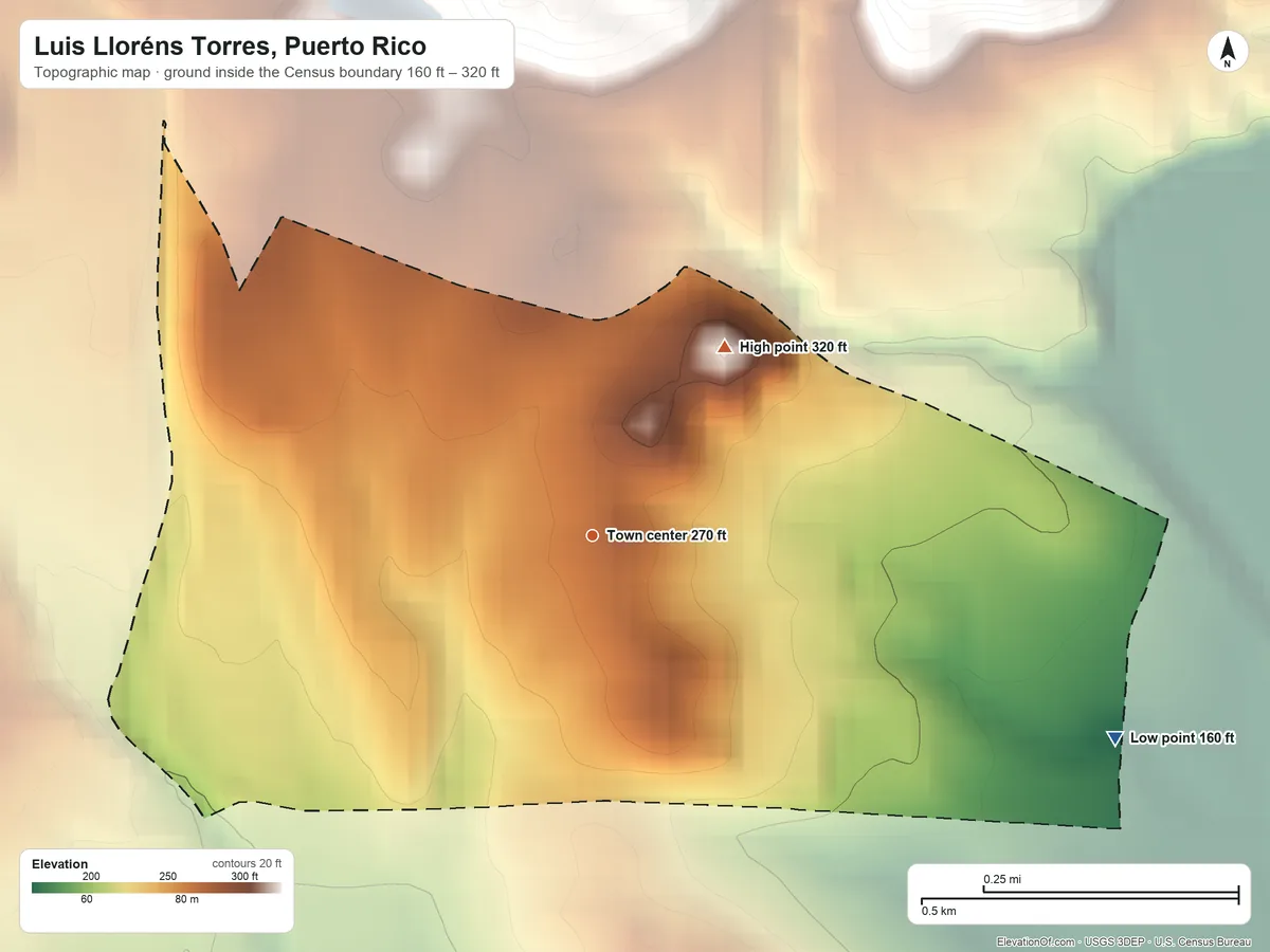 Topographic elevation map of Luis Lloréns Torres, Puerto Rico, shaded from 160 ft on the east side to 320 ft at the foot of the Cordillera Central