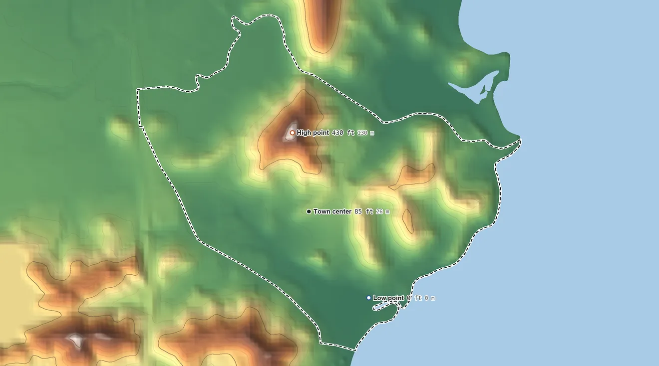 Topographic elevation map of Luis M. Cintrón, Puerto Rico, shaded from sea level level on the Sonda de Vieques to 430 ft on the north side