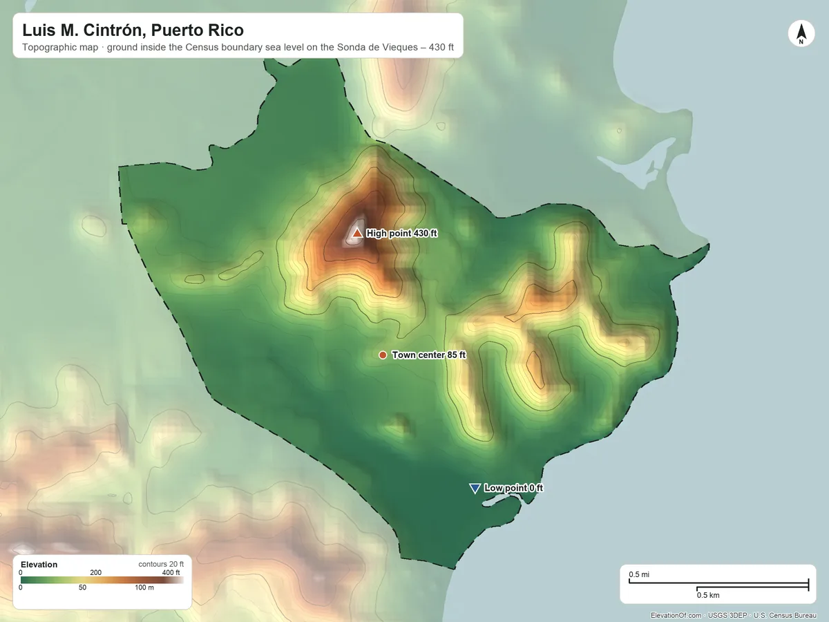 Topographic elevation map of Luis M. Cintrón, Puerto Rico, shaded from sea level level on the Sonda de Vieques to 430 ft on the north side
