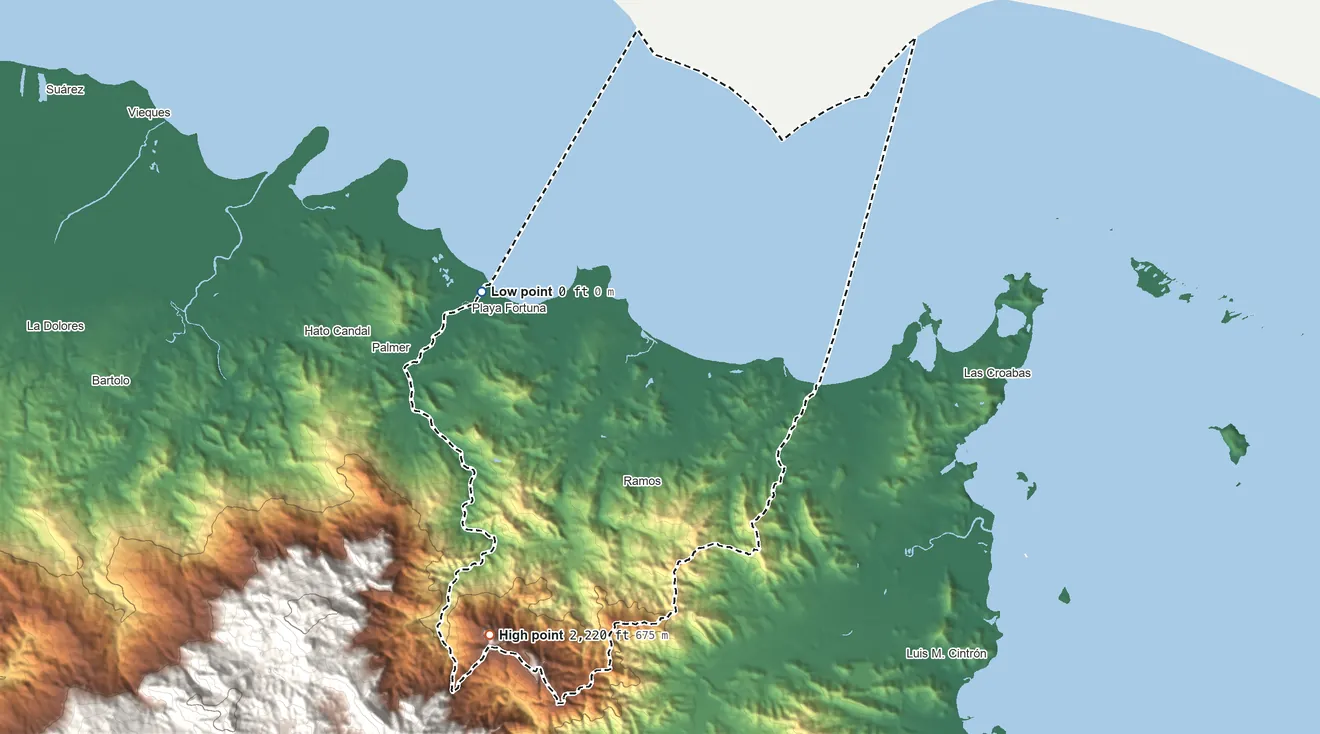 Topographic elevation map of Luquillo Municipio, Puerto Rico, shaded from sea level on the Océano Atlántico to 2,220 ft on the southwest side