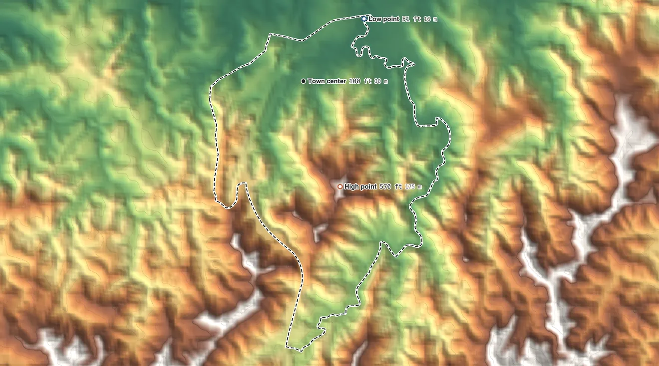 Topographic elevation map of Luyando, Puerto Rico, shaded from 51 ft on the northeast side to 570 ft at the foot of the La Cadena