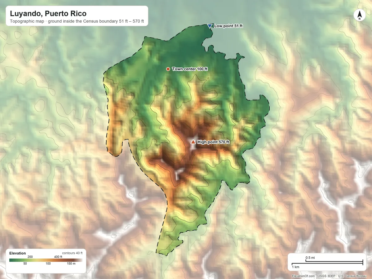 Topographic elevation map of Luyando, Puerto Rico, shaded from 51 ft on the northeast side to 570 ft at the foot of the La Cadena