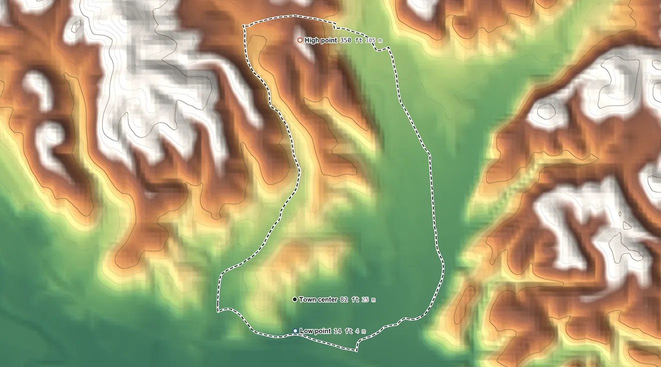 Topographic elevation map of Magas Arriba, Puerto Rico, shaded from 14 ft near the middle to 350 ft at the foot of the Montes de Barina