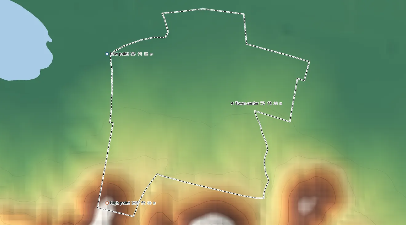 Topographic elevation map of Maguayo, Puerto Rico, shaded from 38 ft on the west side to 290 ft at the foot of the Sierra Bermeja