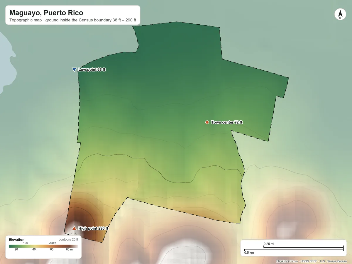 Topographic elevation map of Maguayo, Puerto Rico, shaded from 38 ft on the west side to 290 ft at the foot of the Sierra Bermeja