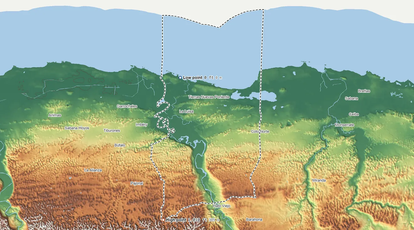 Topographic elevation map of Manatí Municipio, Puerto Rico, shaded from sea level on the Océano Atlántico to 1,010 ft on the southwest side