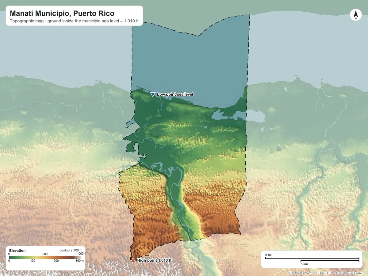 Topographic elevation map of Manatí Municipio, Puerto Rico, shaded from sea level on the Océano Atlántico to 1,010 ft on the southwest side