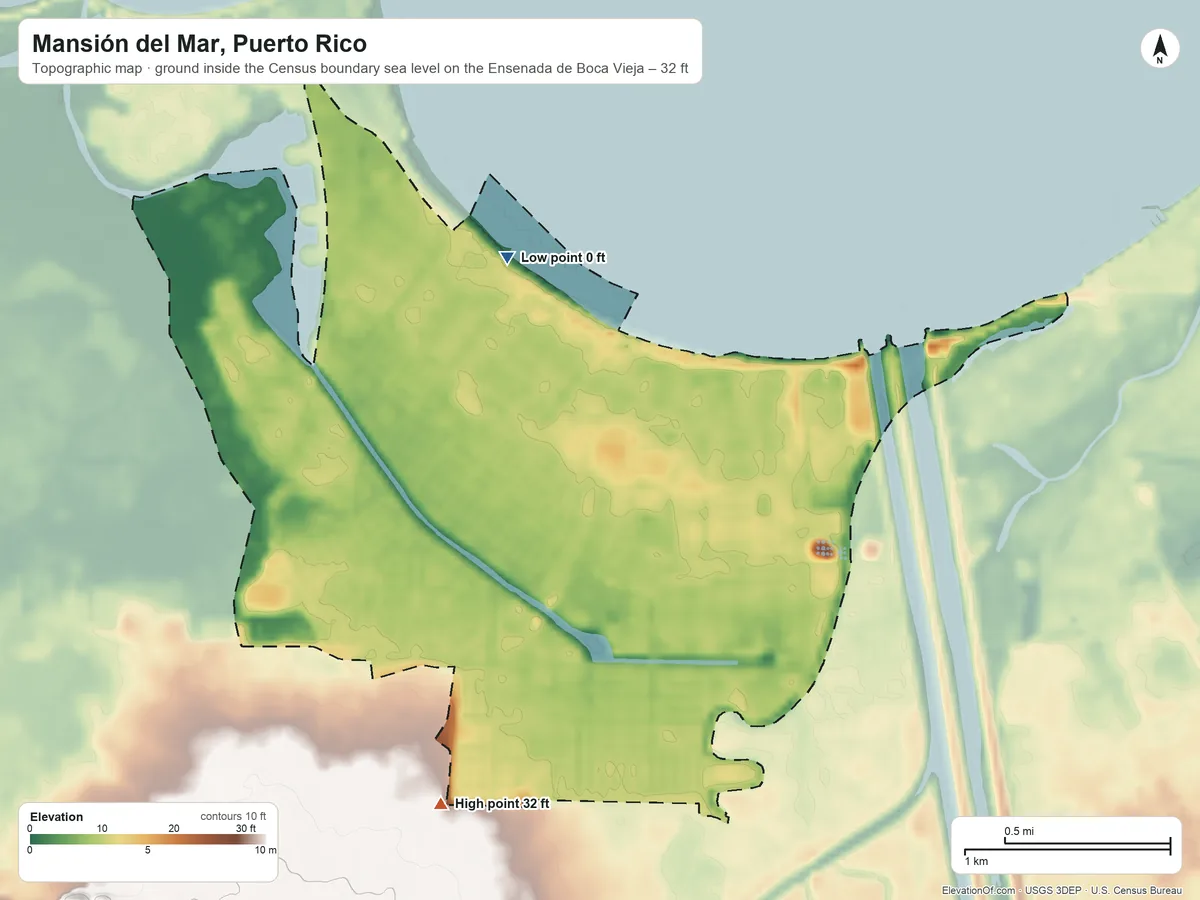 Topographic elevation map of Mansión del Mar, Puerto Rico, shaded from sea level level on the Ensenada de Boca Vieja to 32 ft on the south side