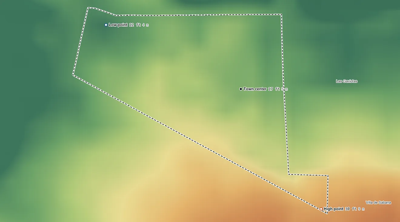 Topographic elevation map of Mansión del Sol, Puerto Rico, shaded from 12 ft on the northwest side to 30 ft on the southeast side