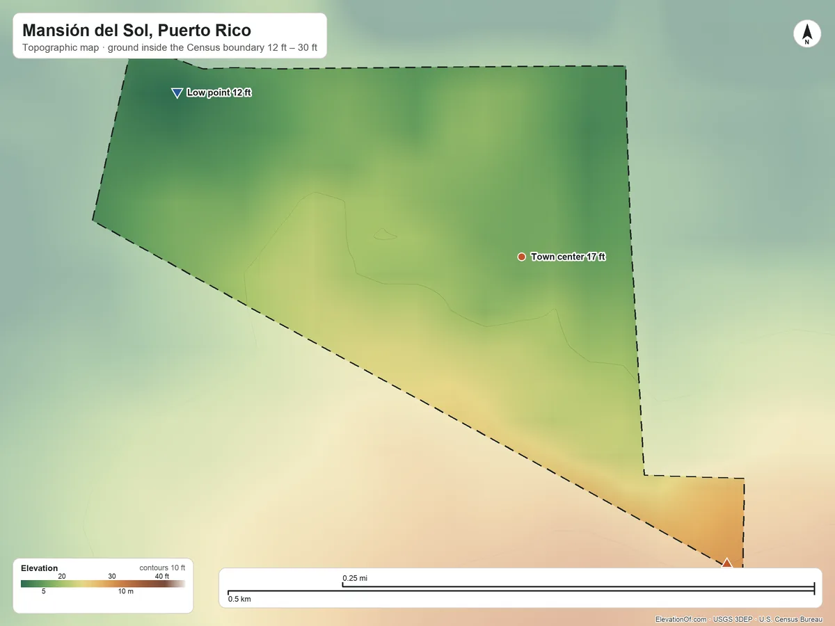 Topographic elevation map of Mansión del Sol, Puerto Rico, shaded from 12 ft on the northwest side to 30 ft on the southeast side