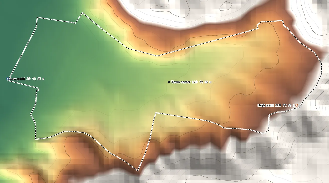 Topographic elevation map of María Antonia, Puerto Rico, shaded from 49 ft on the west side to 310 ft at the foot of the Montes de Barina
