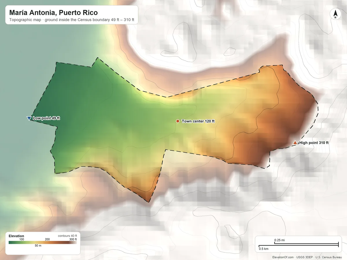 Topographic elevation map of María Antonia, Puerto Rico, shaded from 49 ft on the west side to 310 ft at the foot of the Montes de Barina