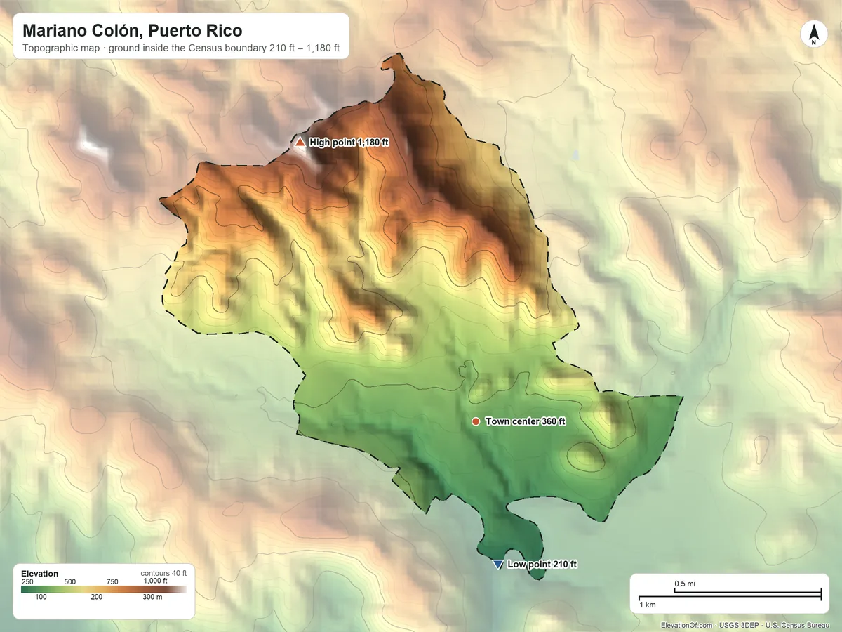 Topographic elevation map of Mariano Colón, Puerto Rico, shaded from 210 ft on the south side to 1,180 ft at the foot of the Cerros de Santini