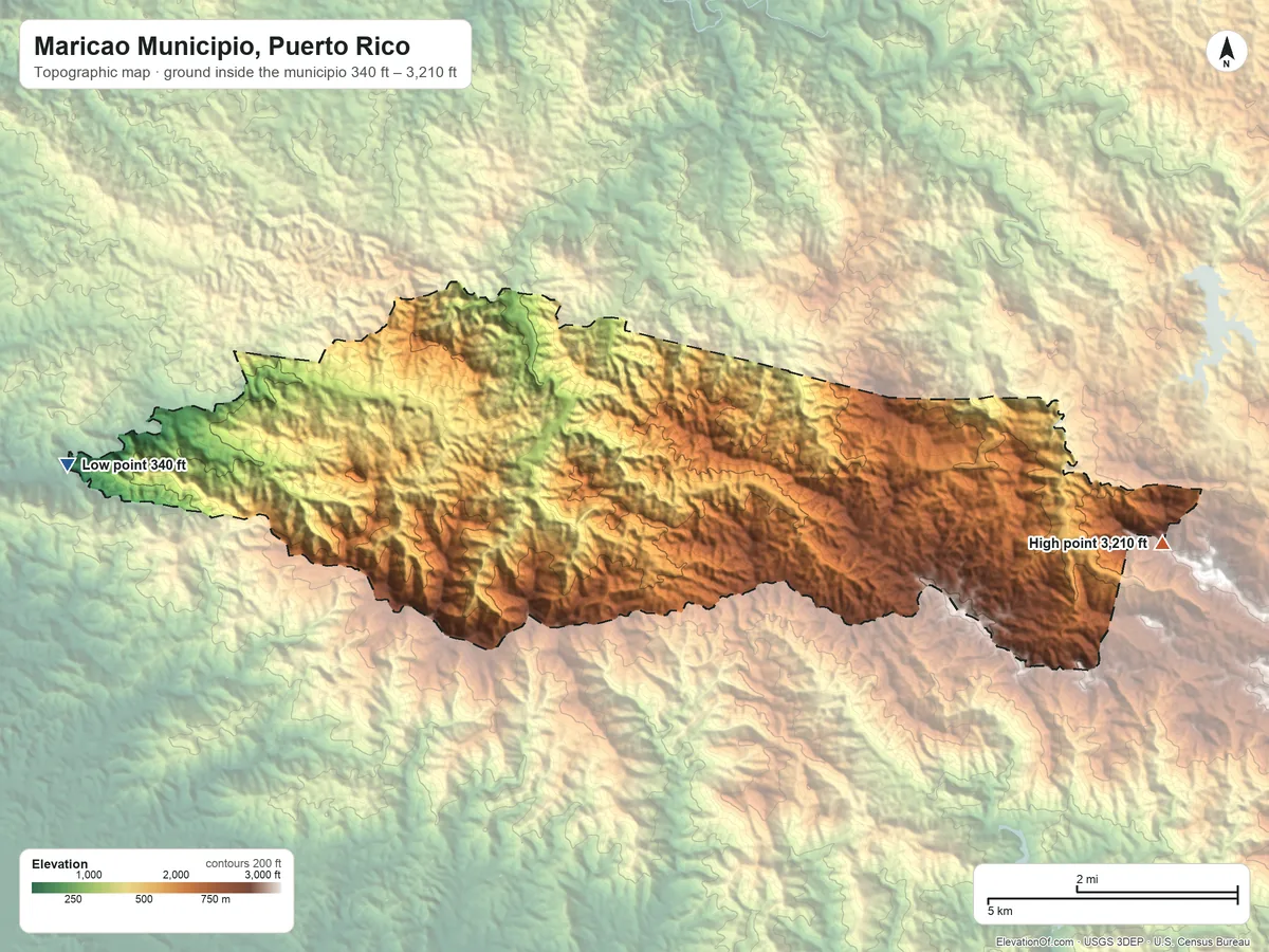 Topographic elevation map of Maricao Municipio, Puerto Rico, shaded from 340 ft on the west side to 3,210 ft on the east side