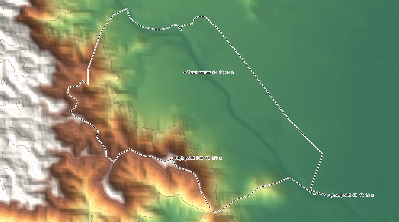 Topographic elevation map of Martorell, Puerto Rico, shaded from 48 ft on the southeast side to 500 ft at the foot of the Sierra de Guardarraya