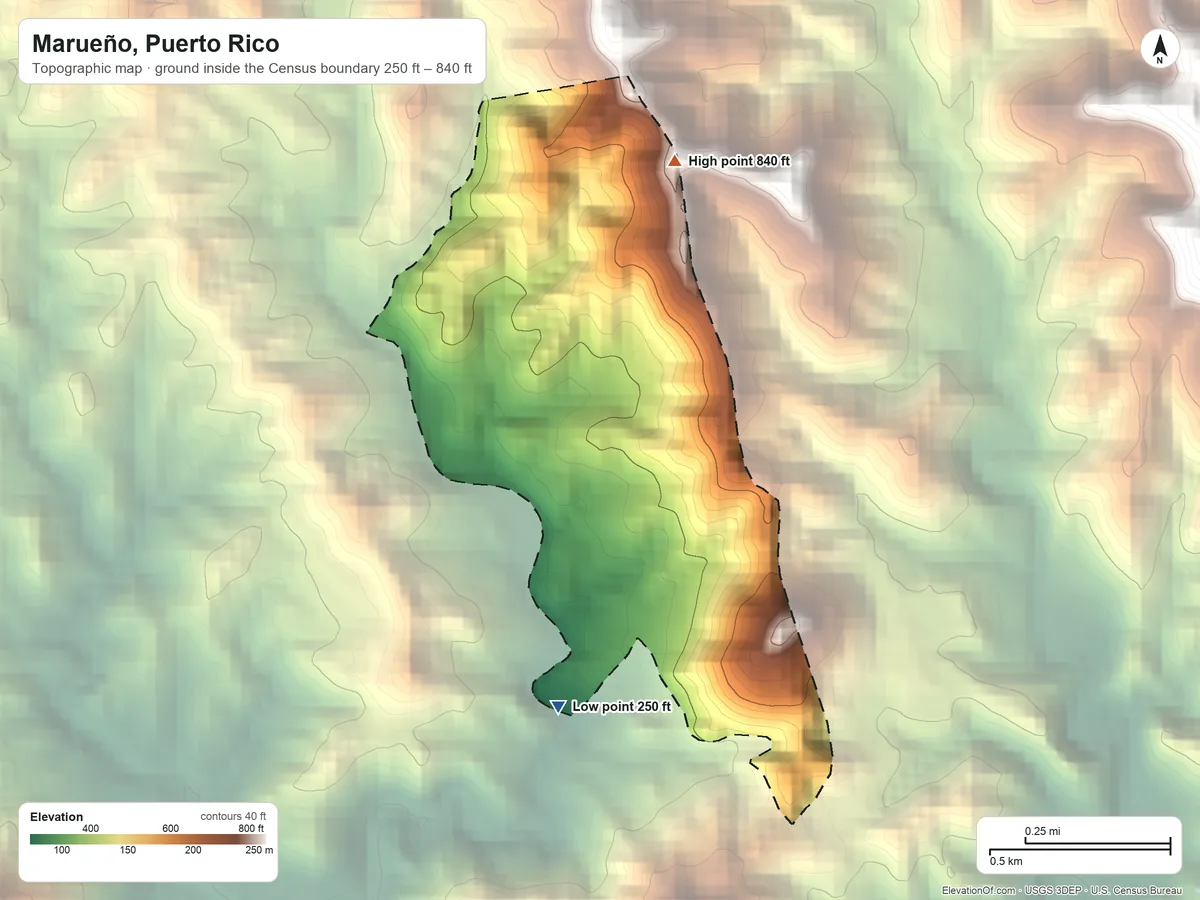 Topographic elevation map of Marueño, Puerto Rico, shaded from 250 ft on the south side to 840 ft at the foot of the Montes de Barina