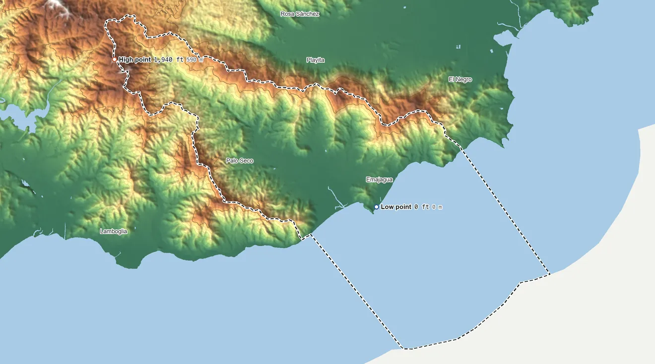 Topographic elevation map of Maunabo Municipio, Puerto Rico, shaded from sea level on the Mar Caribe to 1,940 ft on Cerro La Torrecilla