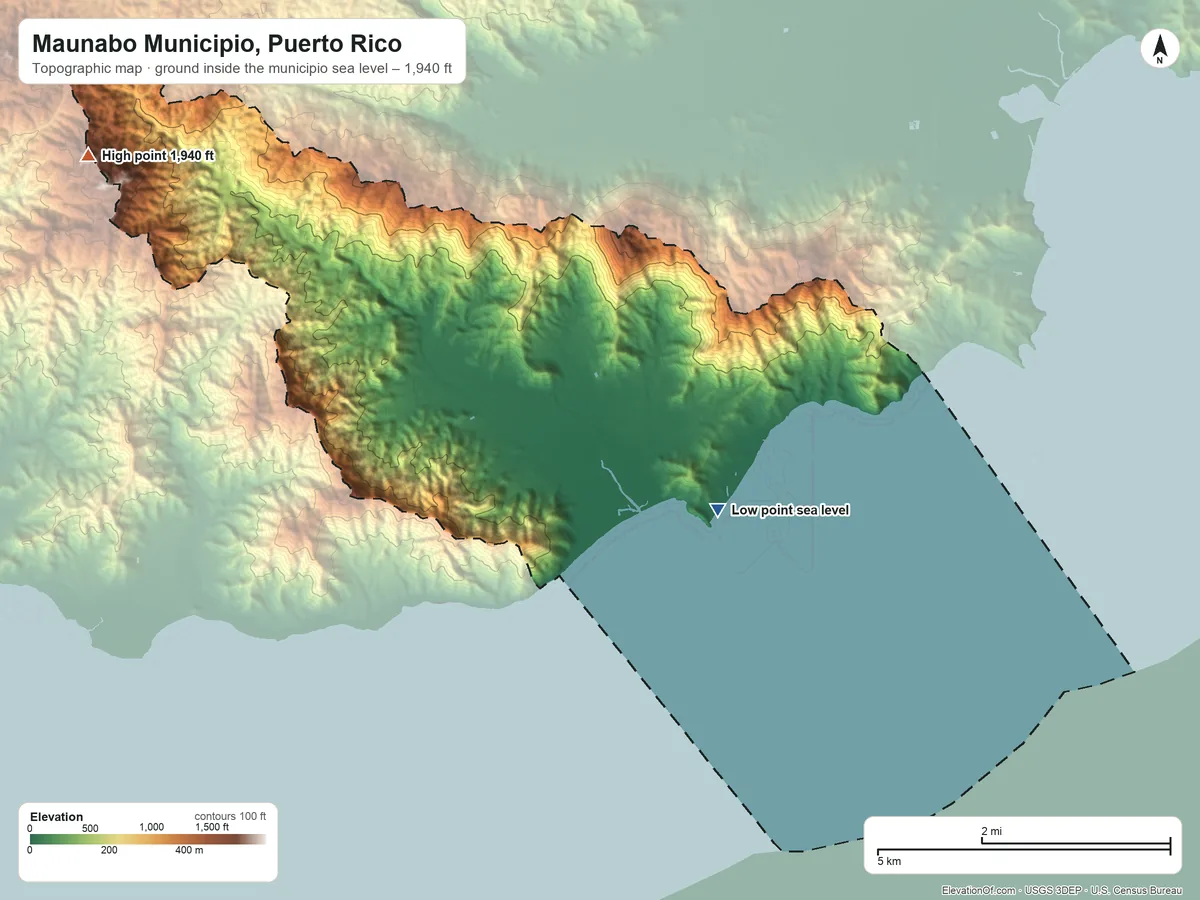 Topographic elevation map of Maunabo Municipio, Puerto Rico, shaded from sea level on the Mar Caribe to 1,940 ft on Cerro La Torrecilla
