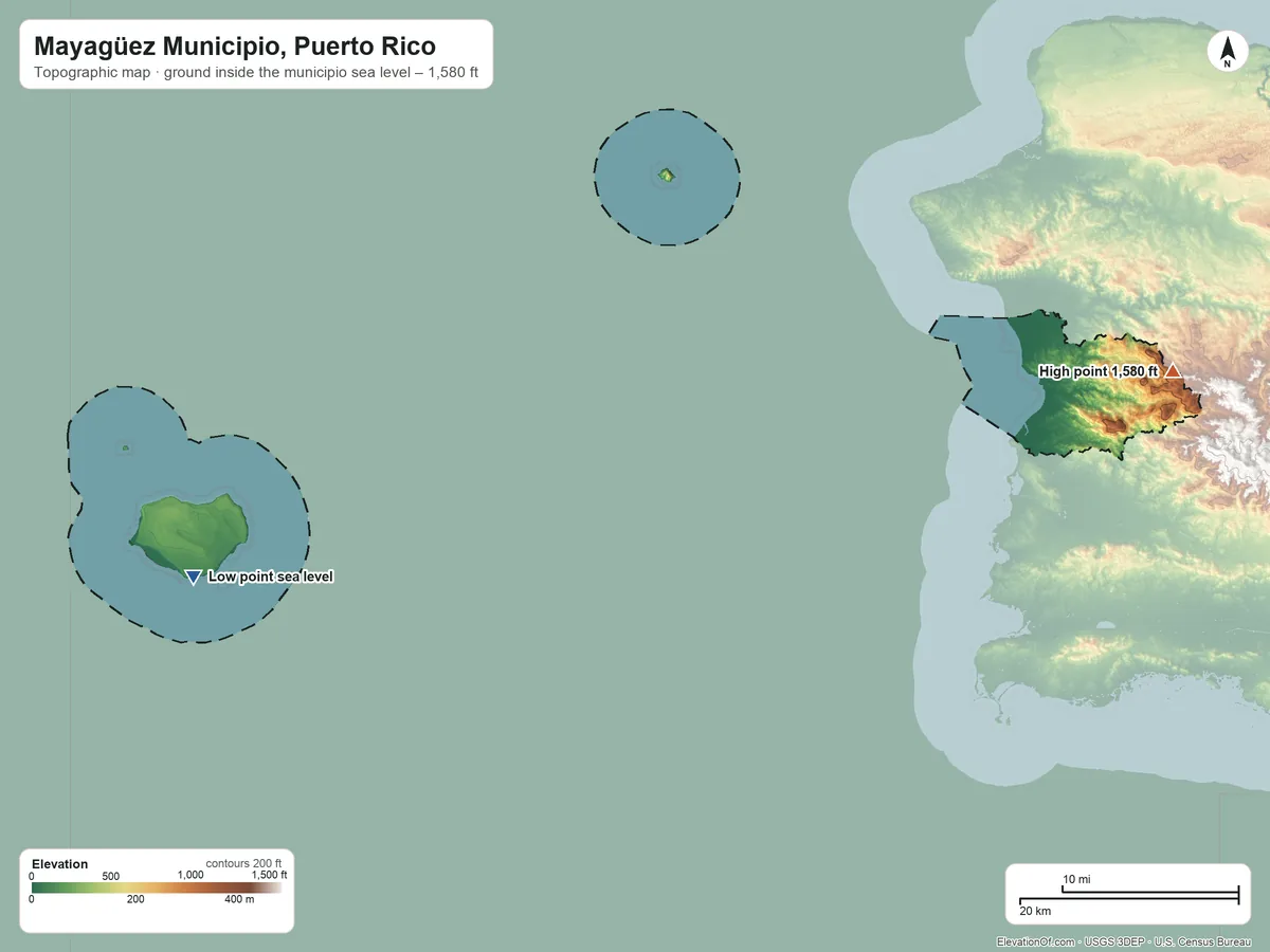 Topographic elevation map of Mayagüez Municipio, Puerto Rico, shaded from sea level on the Canal de la Mona to 1,580 ft on Pico San Bernardo