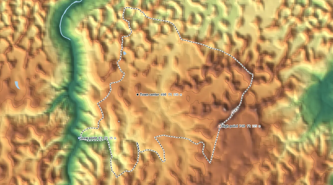 Topographic elevation map of Miranda, Puerto Rico, shaded from 83 ft on the southwest side to 740 ft on the east side