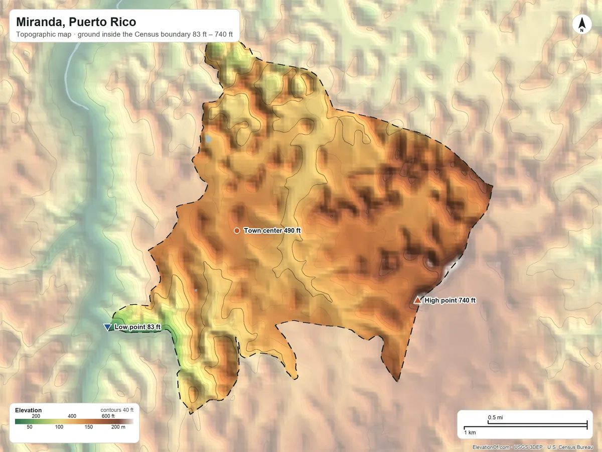 Topographic elevation map of Miranda, Puerto Rico, shaded from 83 ft on the southwest side to 740 ft on the east side