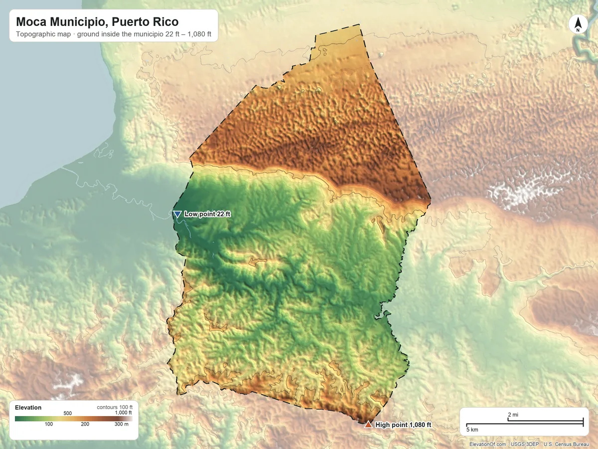 Topographic elevation map of Moca Municipio, Puerto Rico, shaded from 22 ft on the west side to 1,080 ft on Cerro Pichón