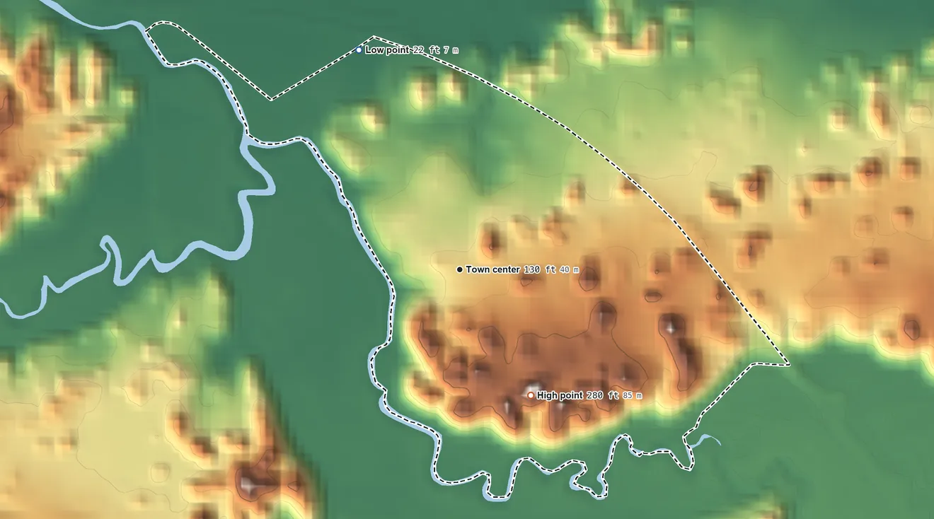 Topographic elevation map of Monserrate, Puerto Rico, shaded from 22 ft on the northwest side to 280 ft on the southeast side