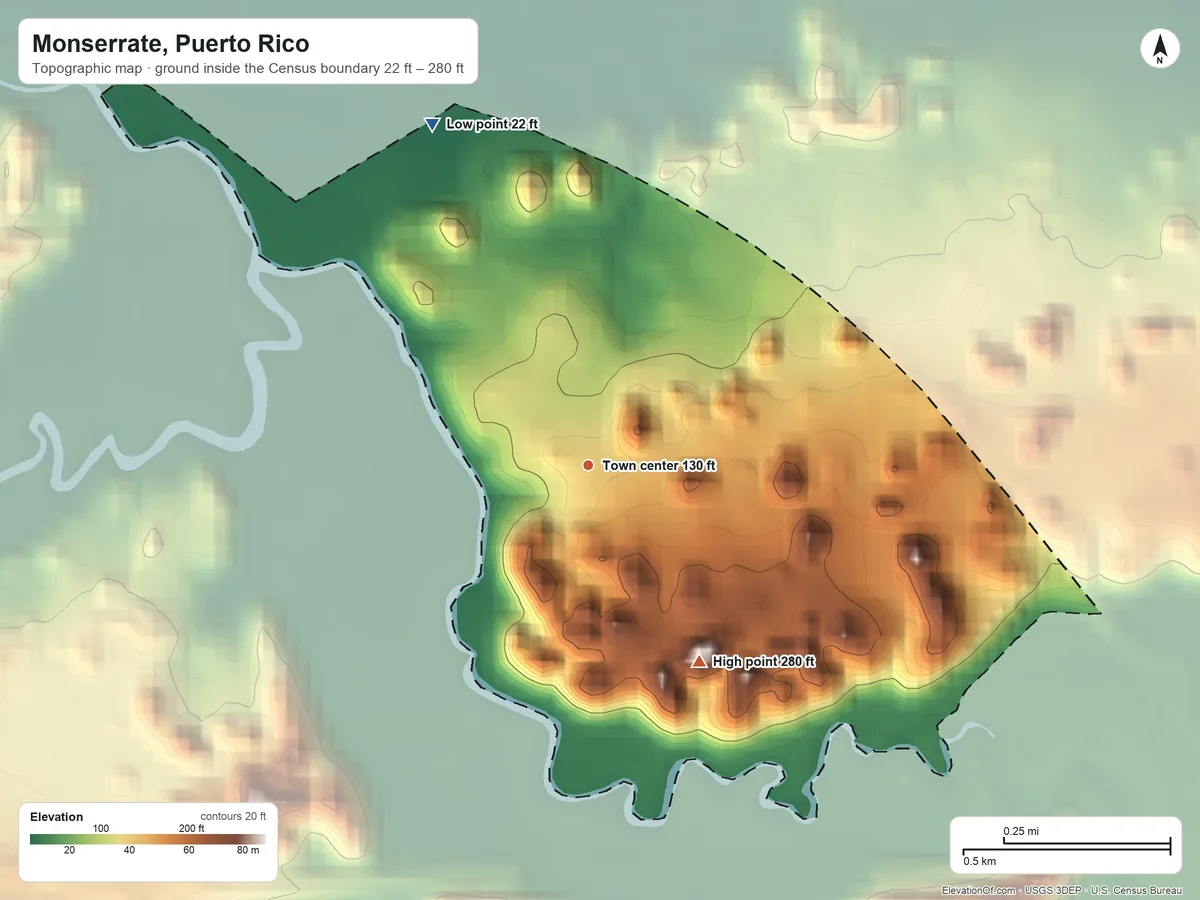 Topographic elevation map of Monserrate, Puerto Rico, shaded from 22 ft on the northwest side to 280 ft on the southeast side