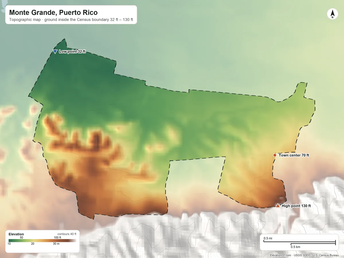 Topographic elevation map of Monte Grande, Puerto Rico, shaded from 32 ft on the northwest side to 130 ft at the foot of the Cordillera Sabana Alta