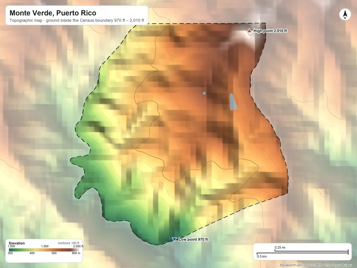 Topographic elevation map of Monte Verde, Puerto Rico, shaded from 970 ft on the south side to 2,010 ft at the foot of the Montes de Barina