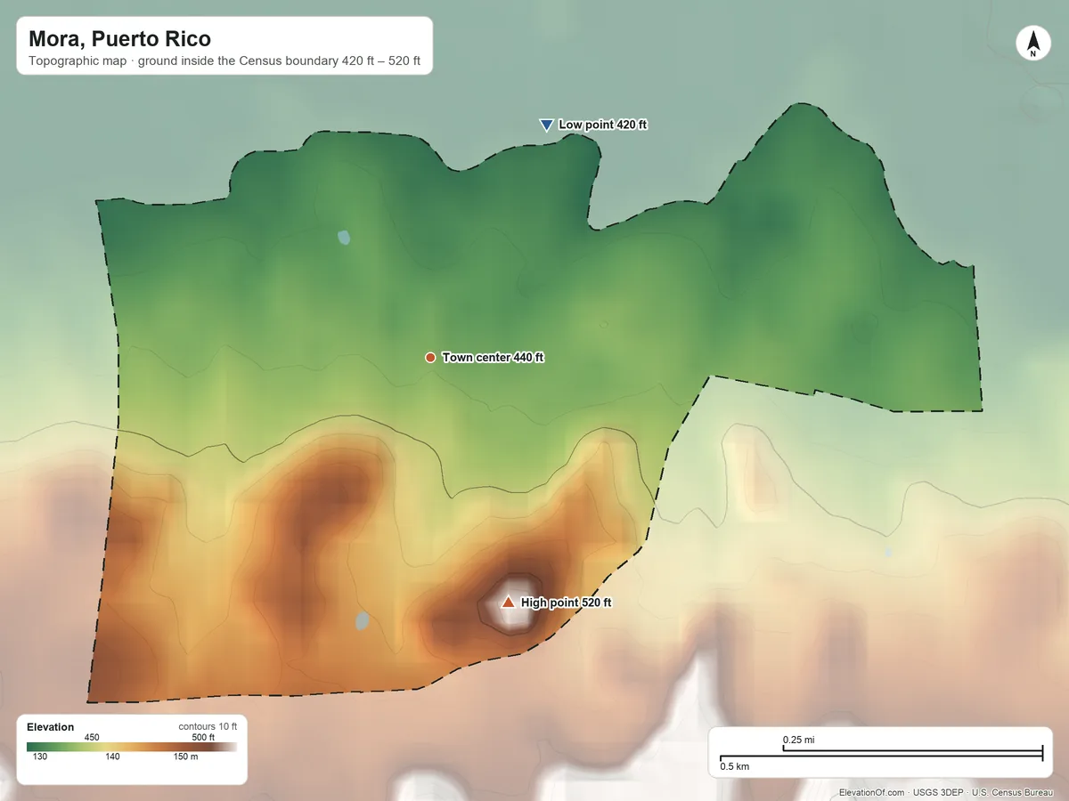 Topographic elevation map of Mora, Puerto Rico, shaded from 420 ft on the northeast side to 520 ft on the south side