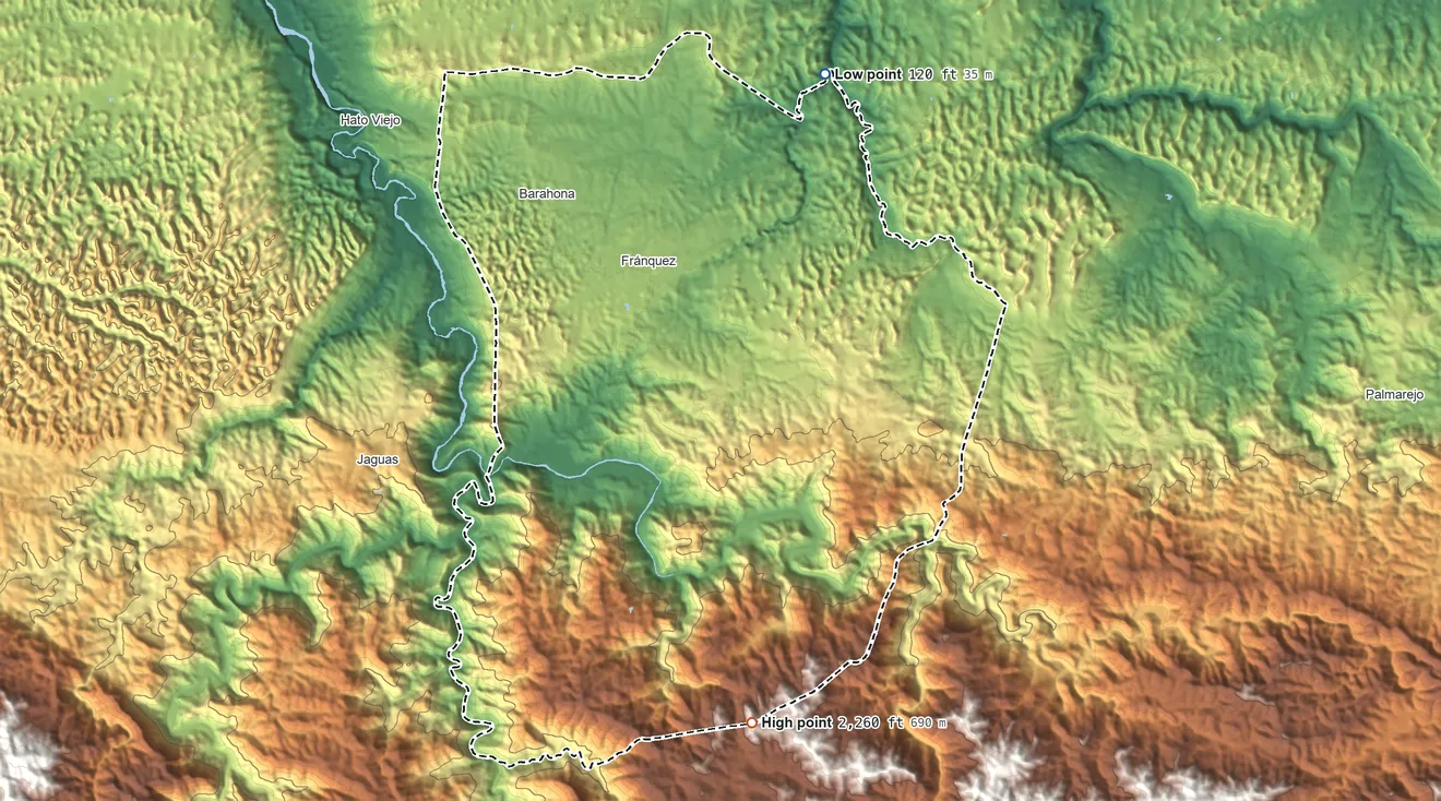 Topographic elevation map of Morovis Municipio, Puerto Rico, shaded from 120 ft on the north side to 2,260 ft on Cerro Malo