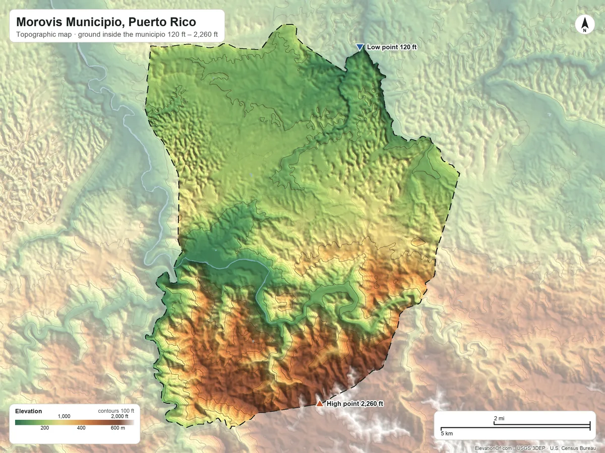 Topographic elevation map of Morovis Municipio, Puerto Rico, shaded from 120 ft on the north side to 2,260 ft on Cerro Malo