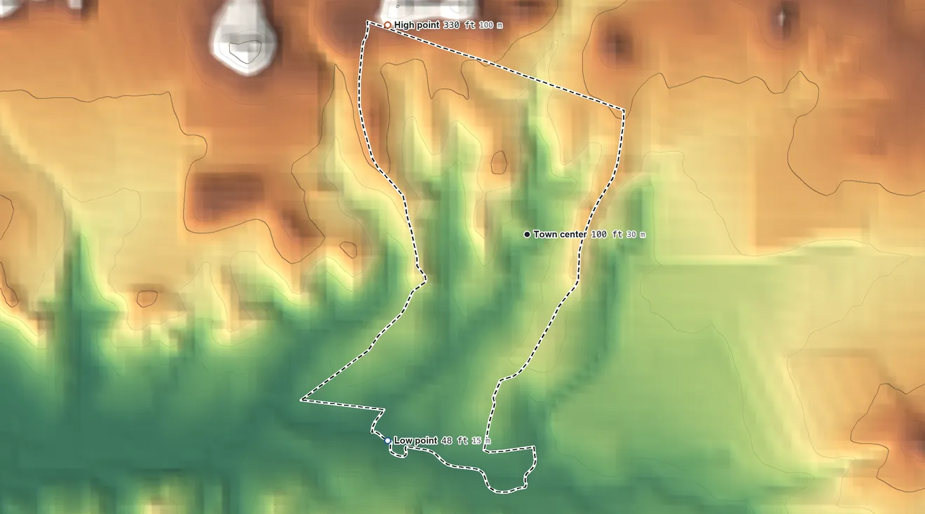 Topographic elevation map of Mucarabones, Puerto Rico, shaded from 48 ft on the southwest side to 330 ft on the northwest side