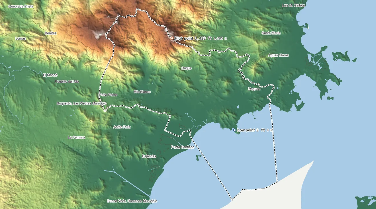 Topographic elevation map of Naguabo Municipio, Puerto Rico, shaded from sea level on the Bahía Lima to 3,420 ft on Pico del Este