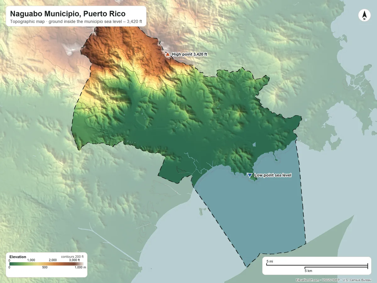 Topographic elevation map of Naguabo Municipio, Puerto Rico, shaded from sea level on the Bahía Lima to 3,420 ft on Pico del Este