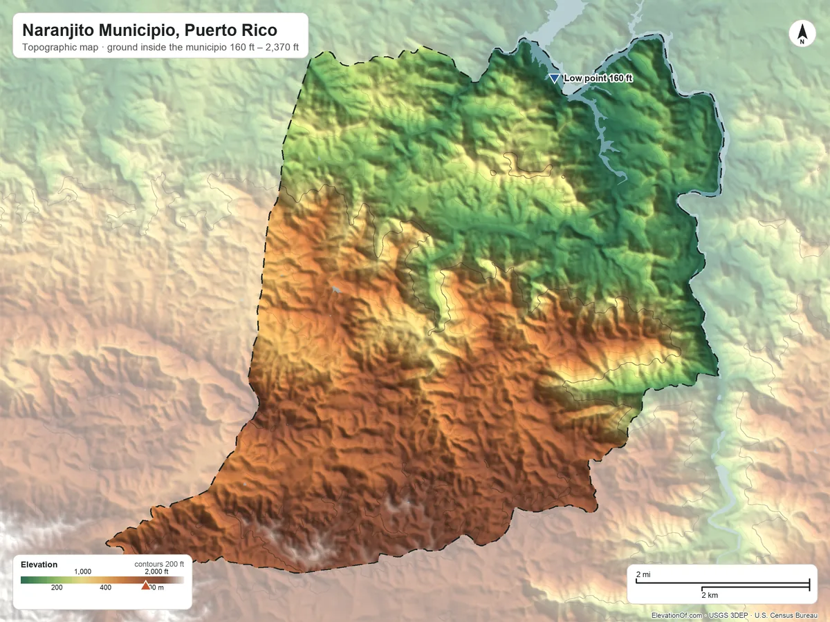 Topographic elevation map of Naranjito Municipio, Puerto Rico, shaded from 160 ft on the northeast side to 2,370 ft on the southwest side